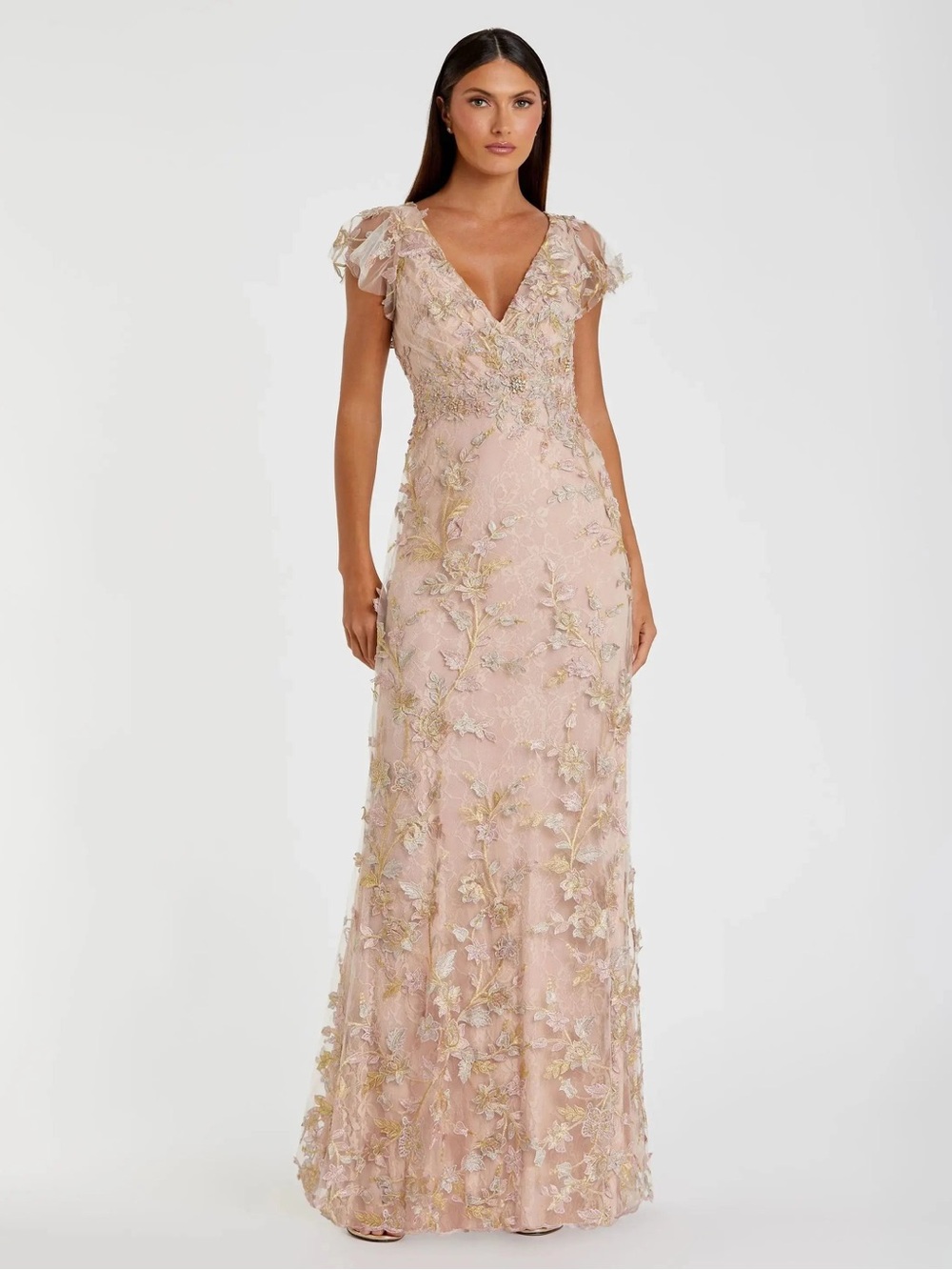 Mac Duggal 68192 Pink Embroidered Applique Wrap Over Flutter Sleeve Dress sz 18